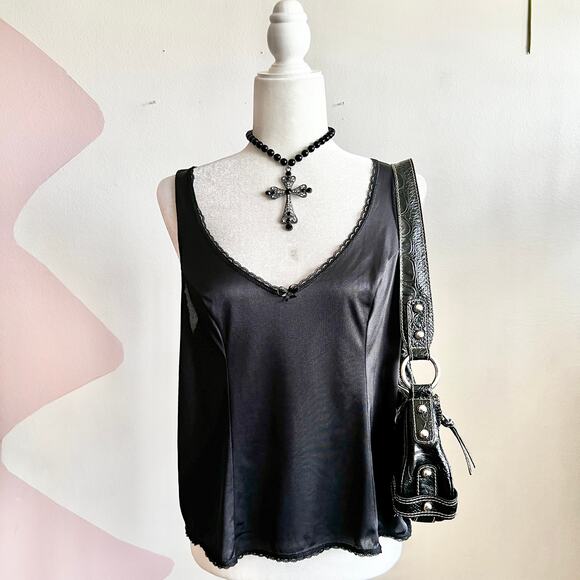 Vintage Black Lace Trim Tank Top, Goth Whimsigoth Grunge‎ Indie Sleaze Large - Picture 1 of 5